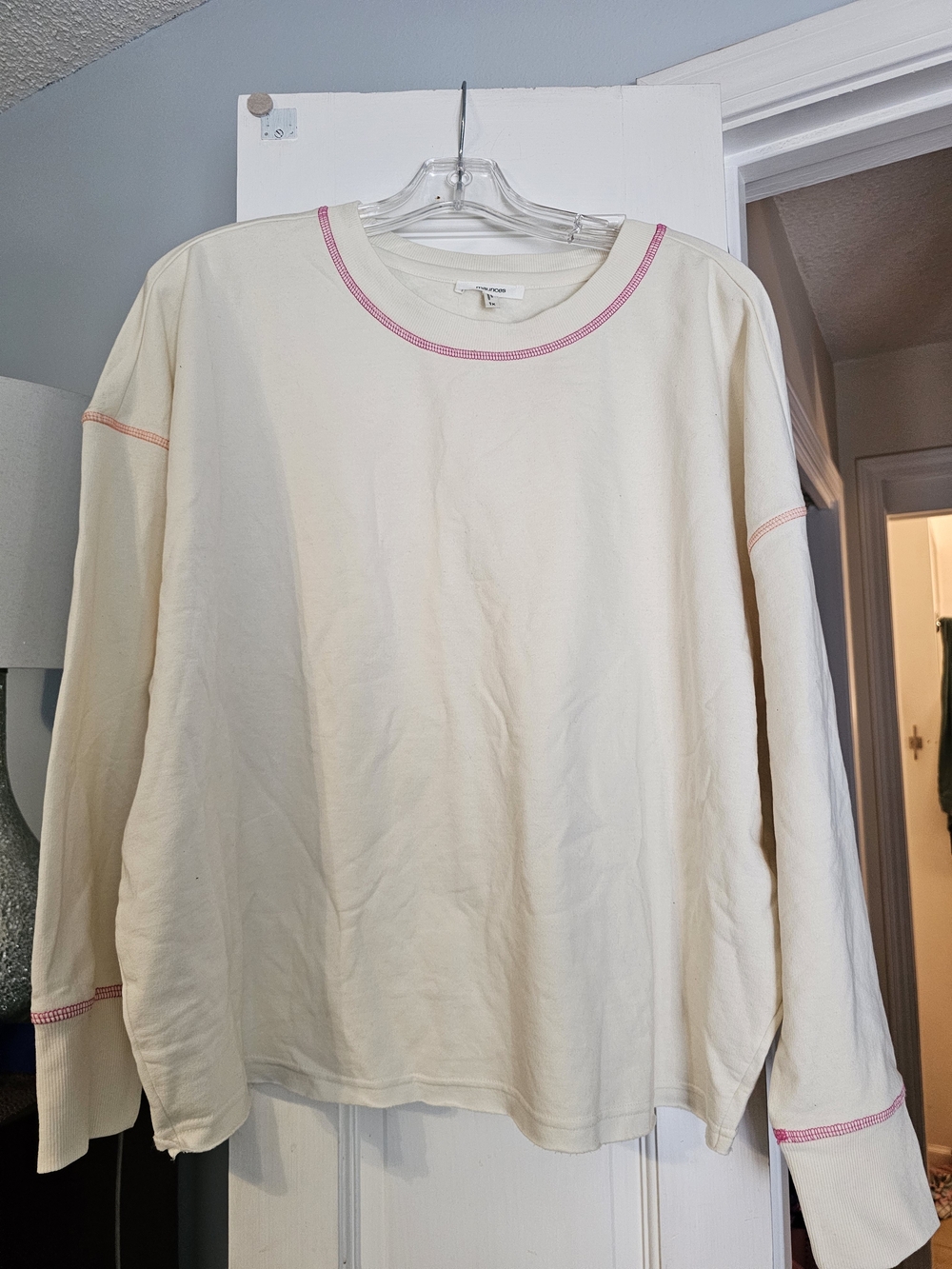 4/$25 Maurices Cream Long-Sleeve Shirt with Pink Topstitch